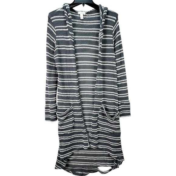 Full Tilt Sweaters - FULL TILT Gray White Stripe Knit Hooded Long Duster Cardigan Pockets Open Front